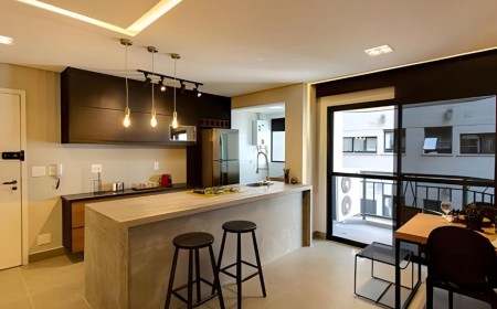 Apartamento moderno com cozinha integrada, varanda e acabamento sofisticado